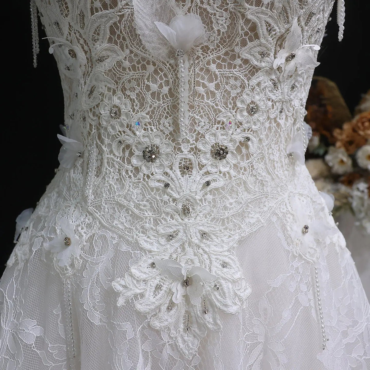Luxury White Embroidered 3D Floral Strapless Ball Gown Wedding Dress ZP159
