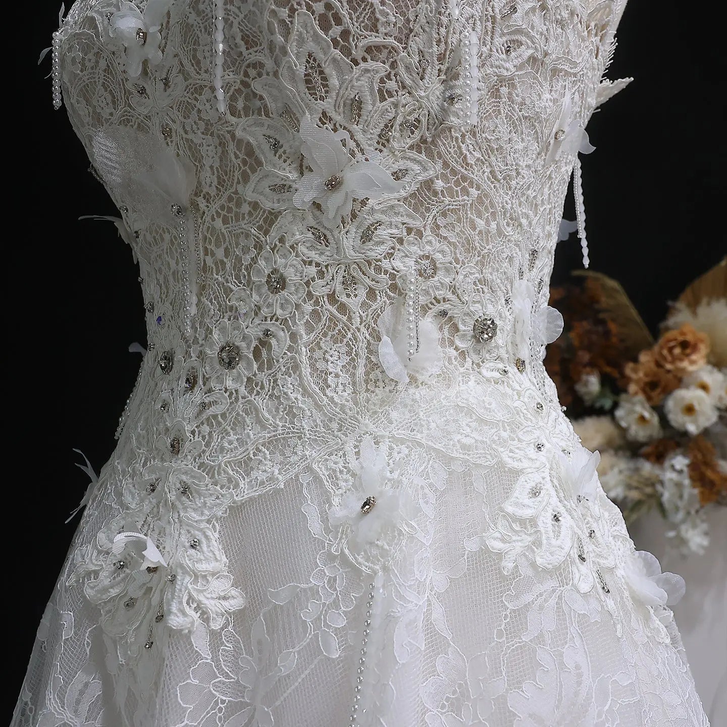 Luxury White Embroidered 3D Floral Strapless Ball Gown Wedding Dress ZP159