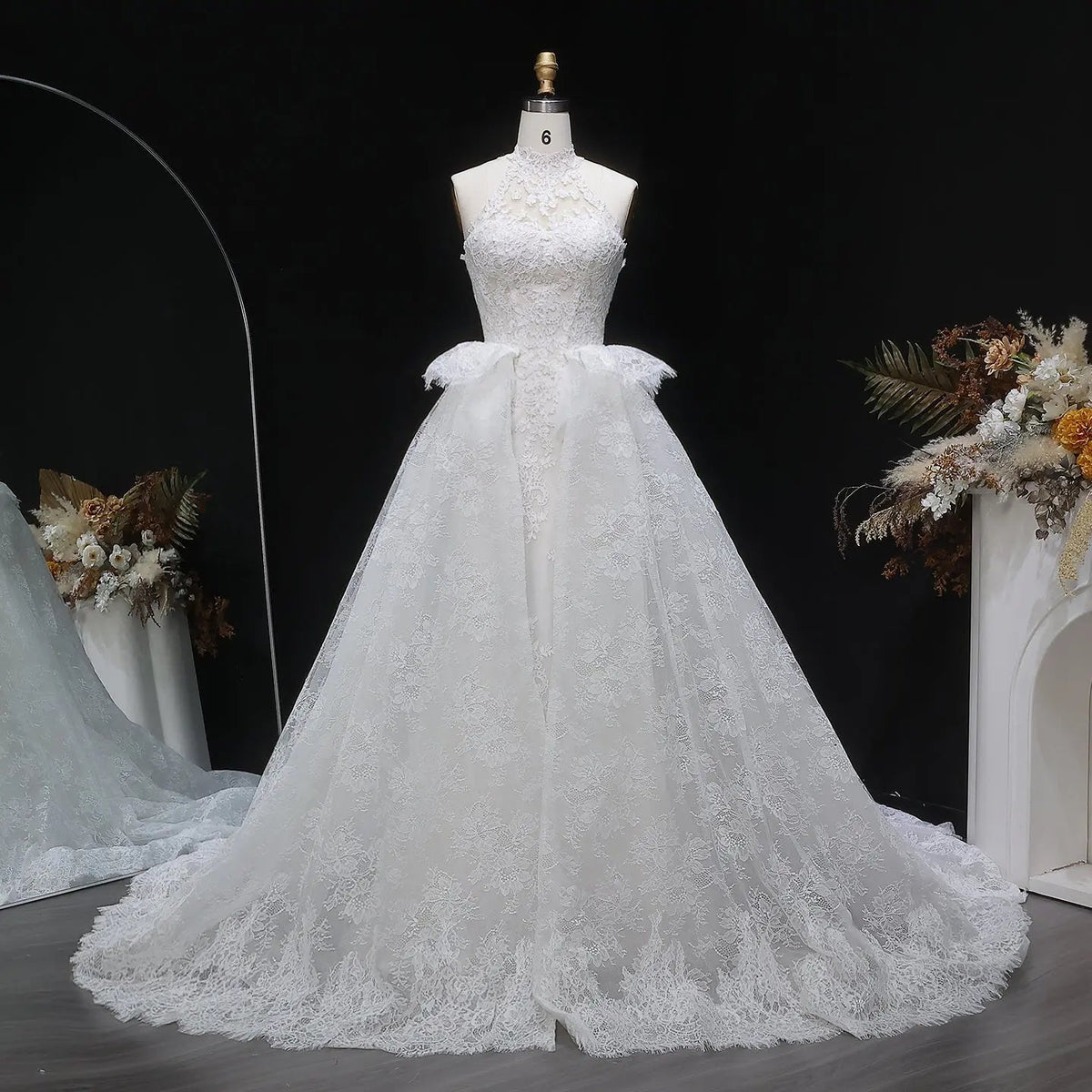 Luxury White A-Line Wedding Dress with Lace Embroidery and Overskirt ZP167