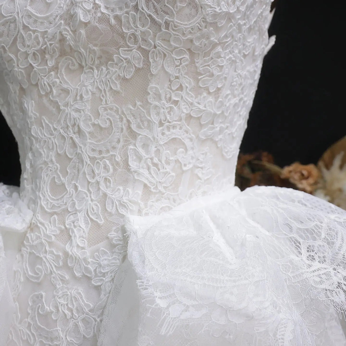 Luxury White A-Line Wedding Dress with Lace Embroidery and Overskirt ZP167
