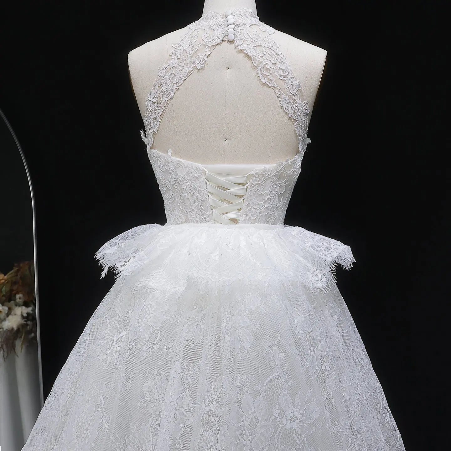 Luxury White A-Line Wedding Dress with Lace Embroidery and Overskirt ZP167