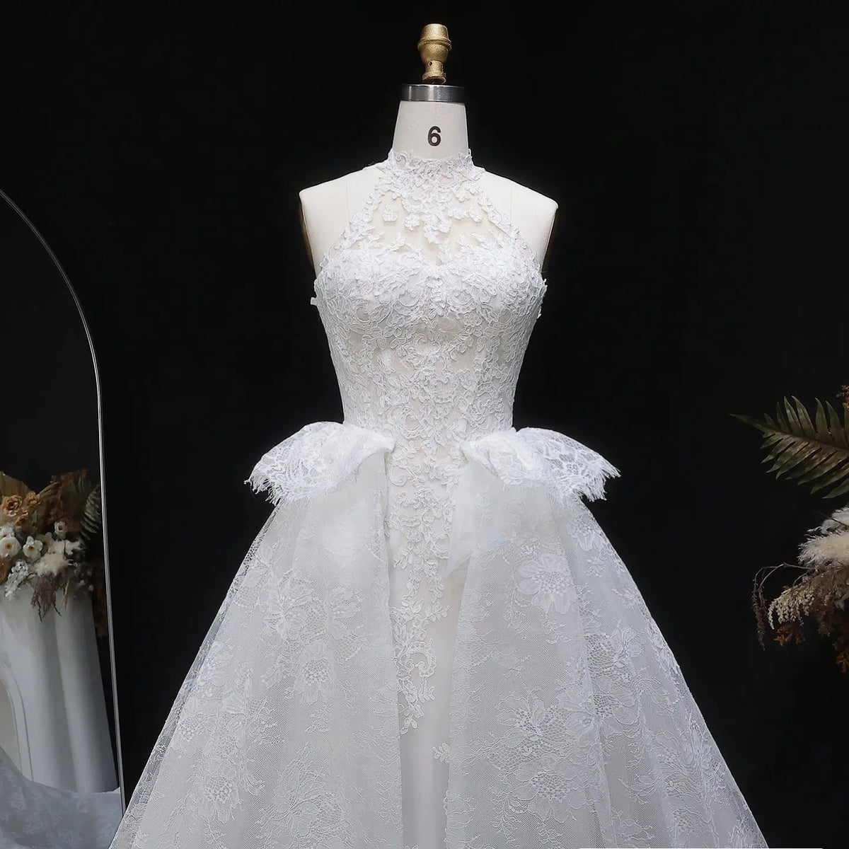 Luxury White A-Line Wedding Dress with Lace Embroidery and Overskirt ZP167