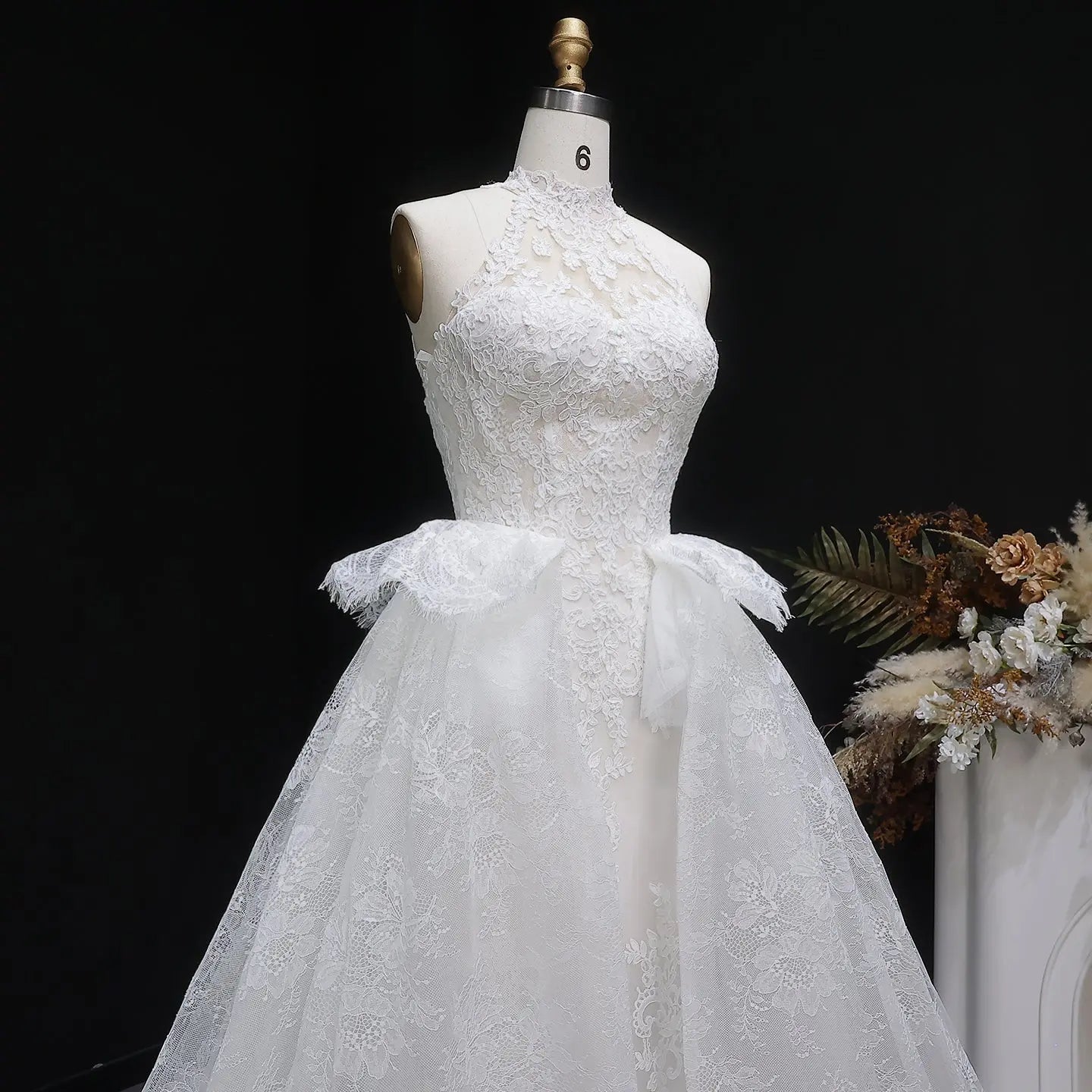 Luxury White A-Line Wedding Dress with Lace Embroidery and Overskirt ZP167