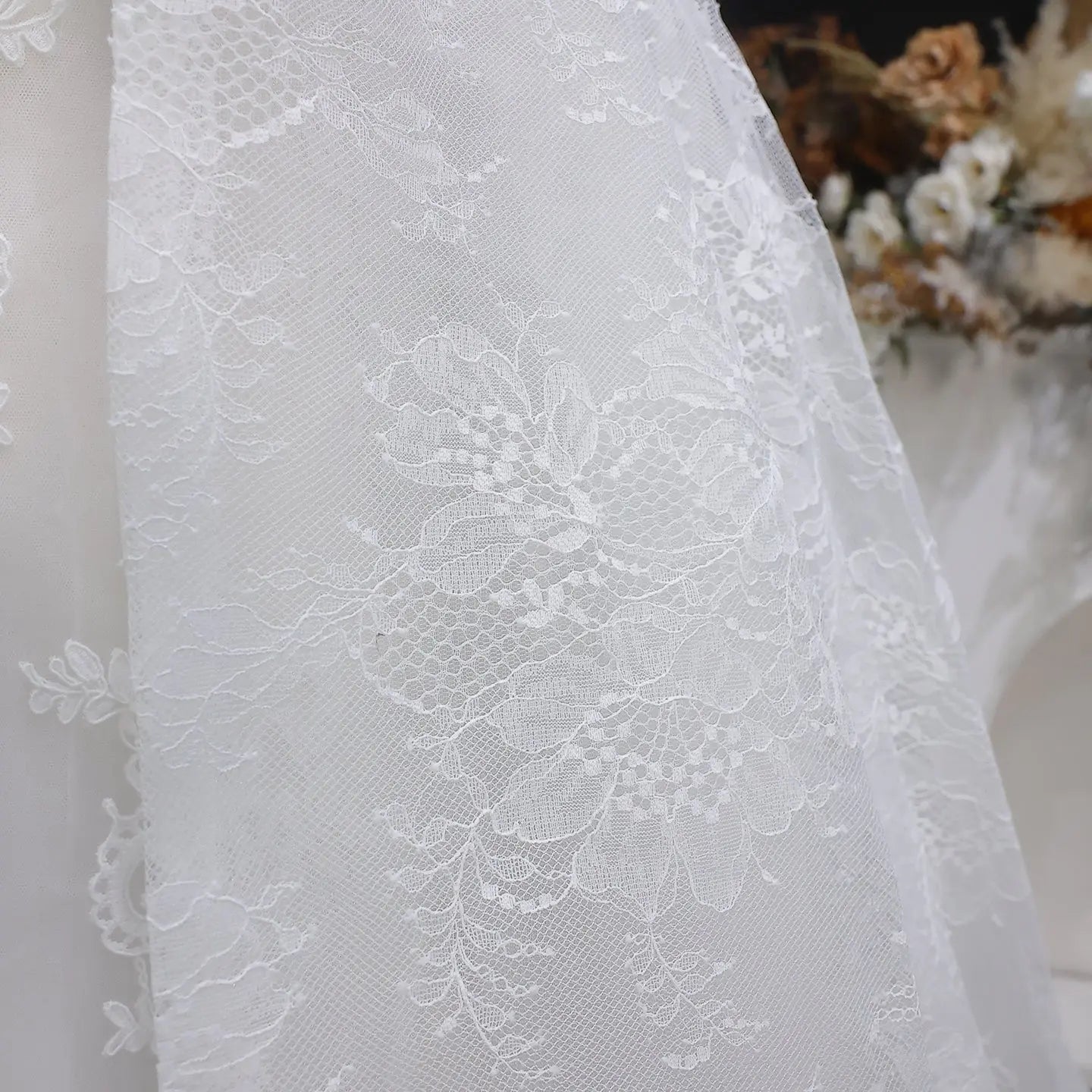 Luxury White A-Line Wedding Dress with Lace Embroidery and Overskirt ZP167