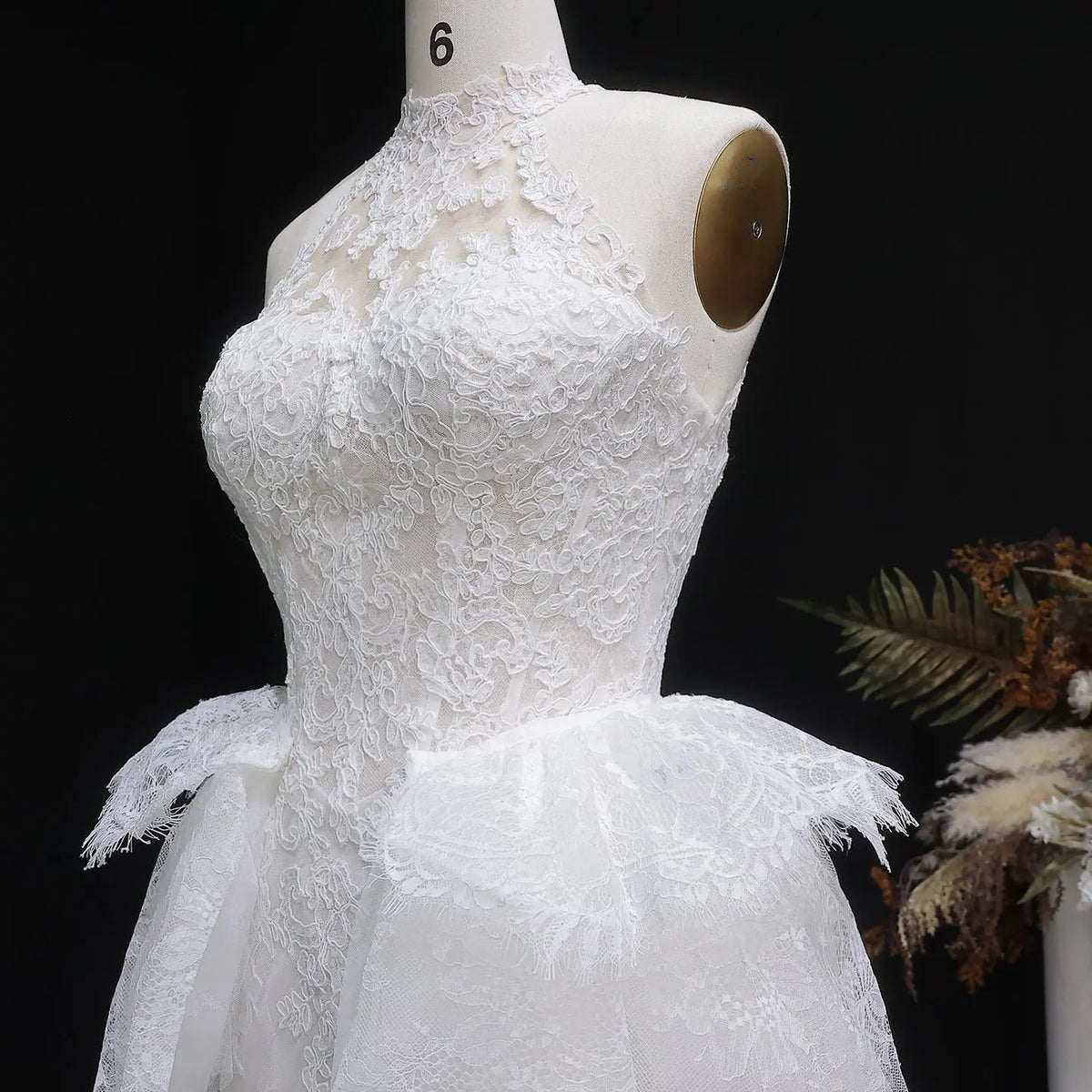 Luxury White A-Line Wedding Dress with Lace Embroidery and Overskirt ZP167