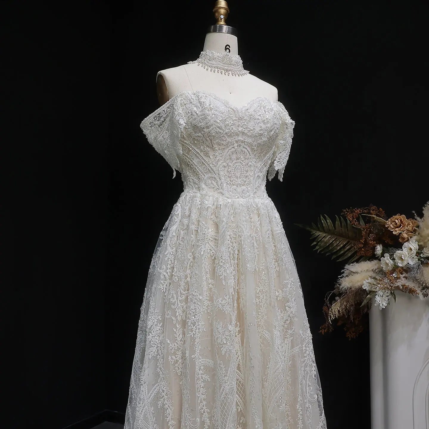 Off White Elegant Lace Pearl Embroidery Ball Gown Wedding Dress ZP168
