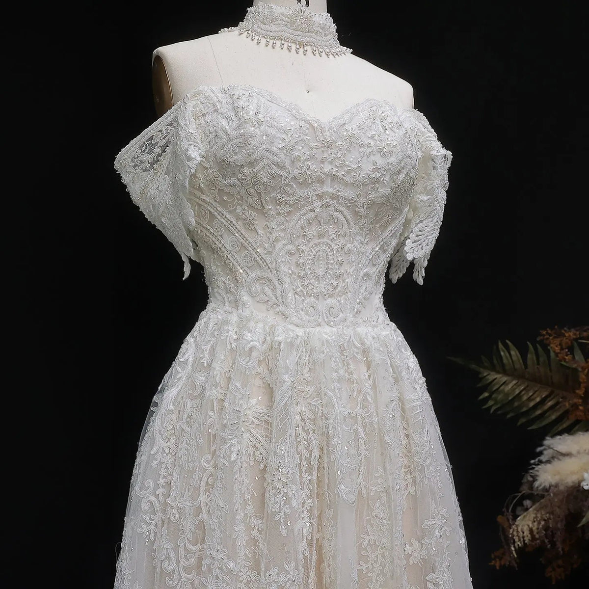Off White Elegant Lace Pearl Embroidery Ball Gown Wedding Dress ZP168 - View 5 | VelvetHem