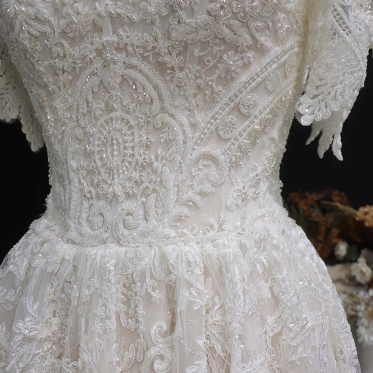 Off White Elegant Lace Pearl Embroidery Ball Gown Wedding Dress ZP168