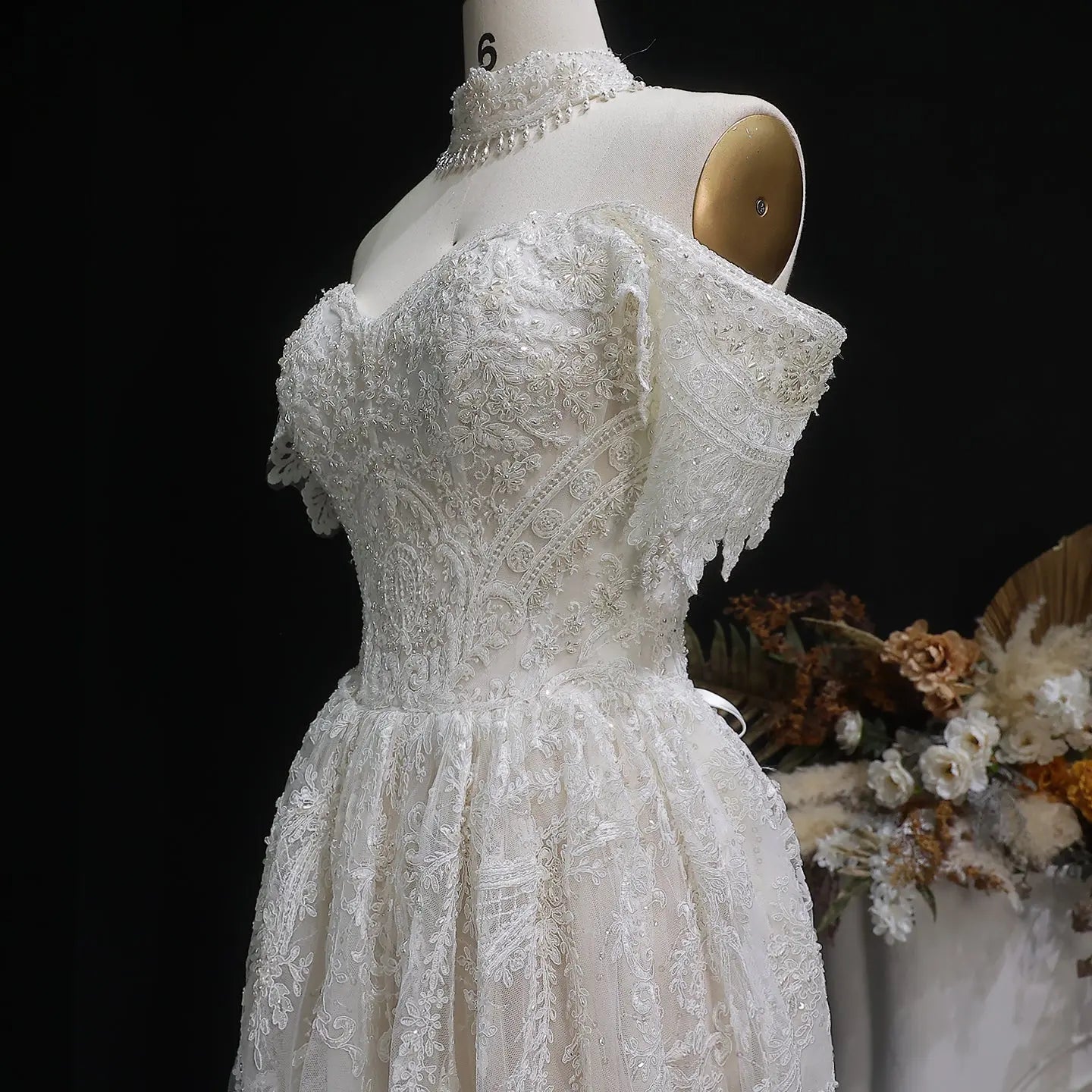 Off White Elegant Lace Pearl Embroidery Ball Gown Wedding Dress ZP168