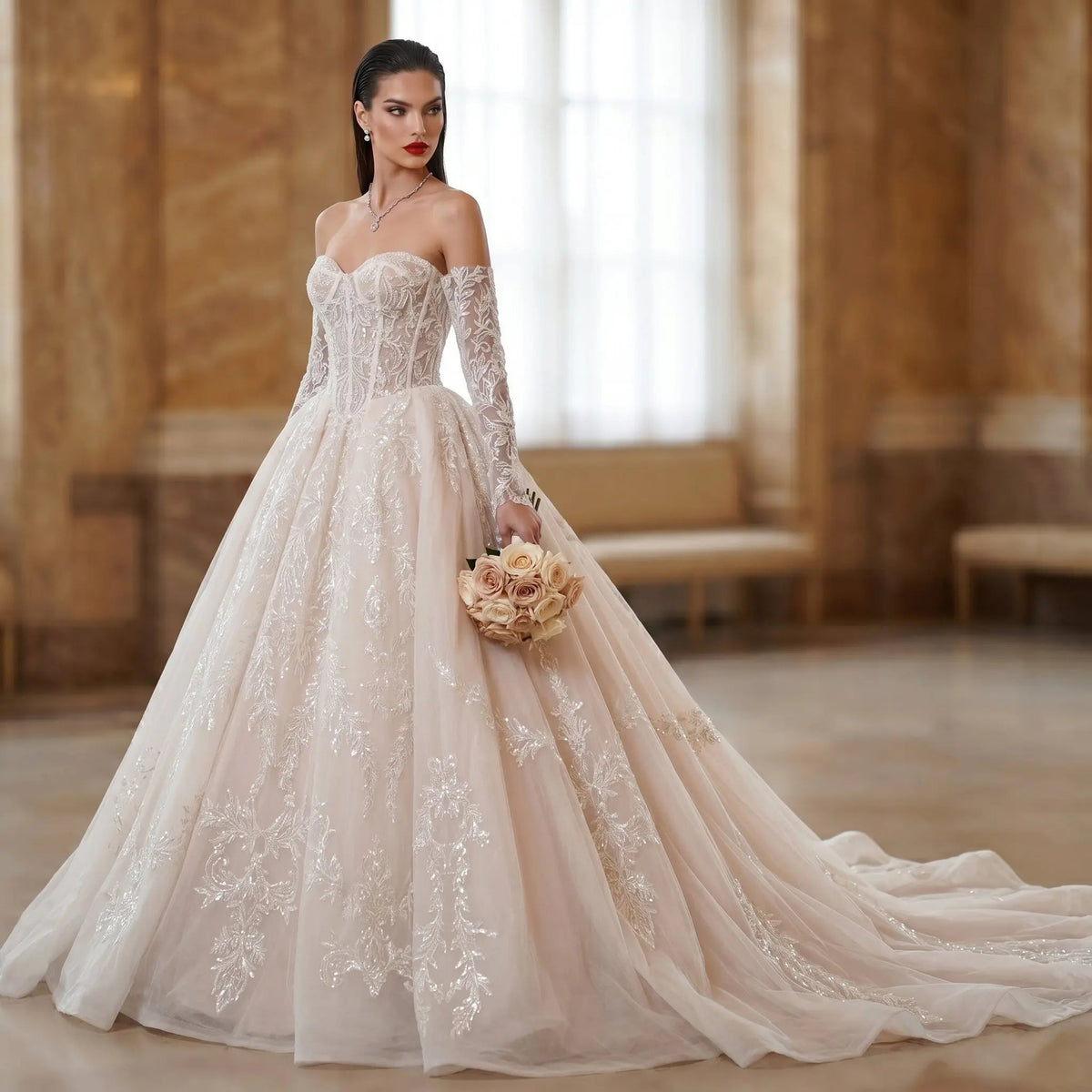 Elegant Ivory Strapless Corset Lace Tulle Bridal Gown Wedding Dress with Long Detachable Sleeves ZP067