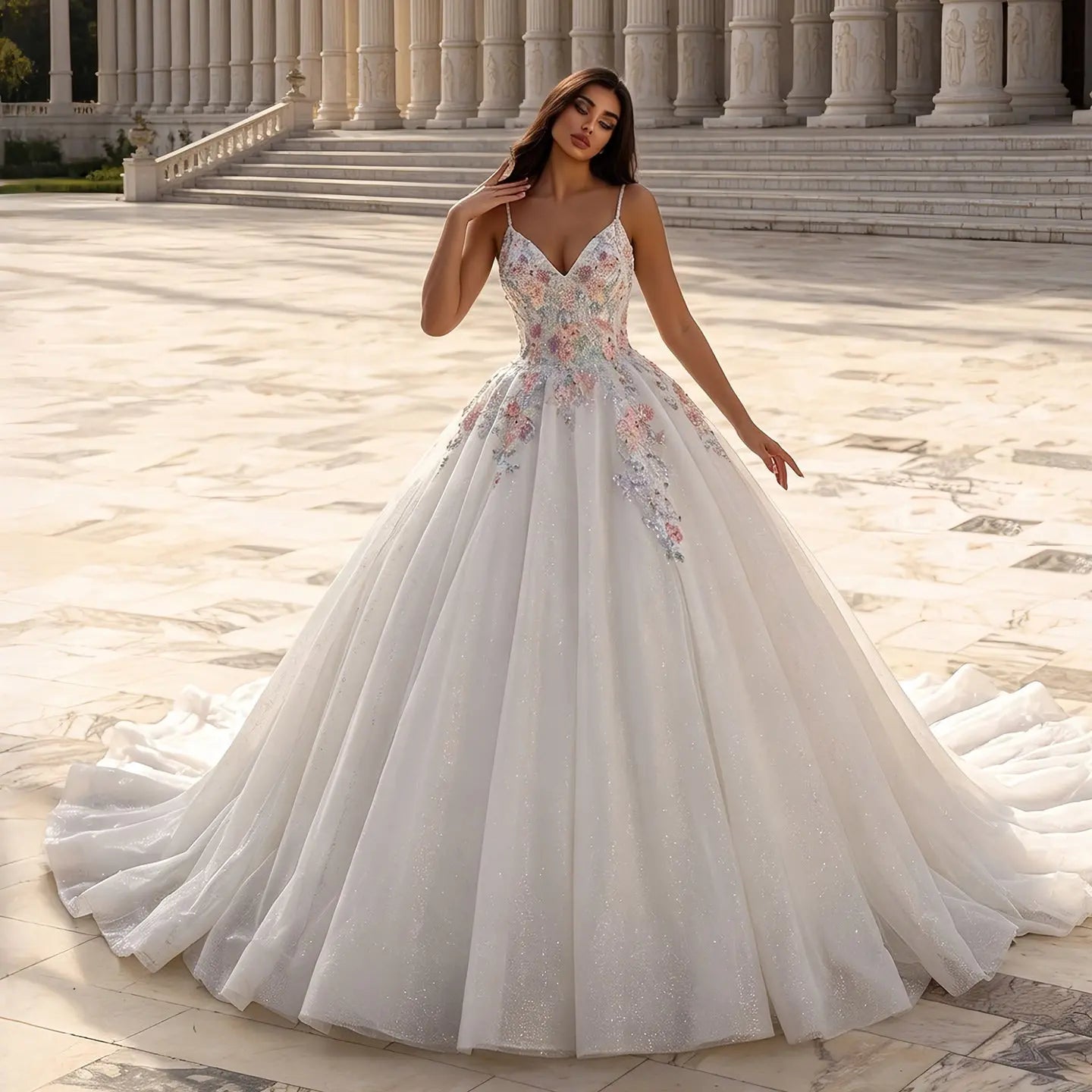 Glamorous White Floral Applique A-Line Tulle Wedding Dress with Train ZP066