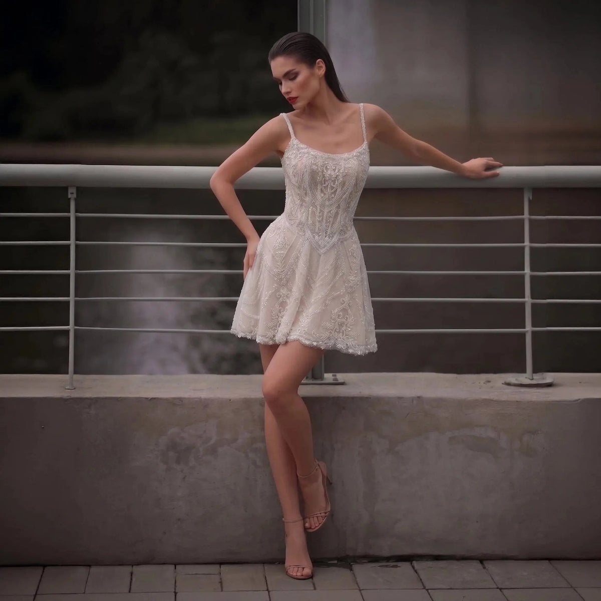 Luxury Ivory Beaded Lace Short Wedding Dress with Lace-Up Corset Back ZP059