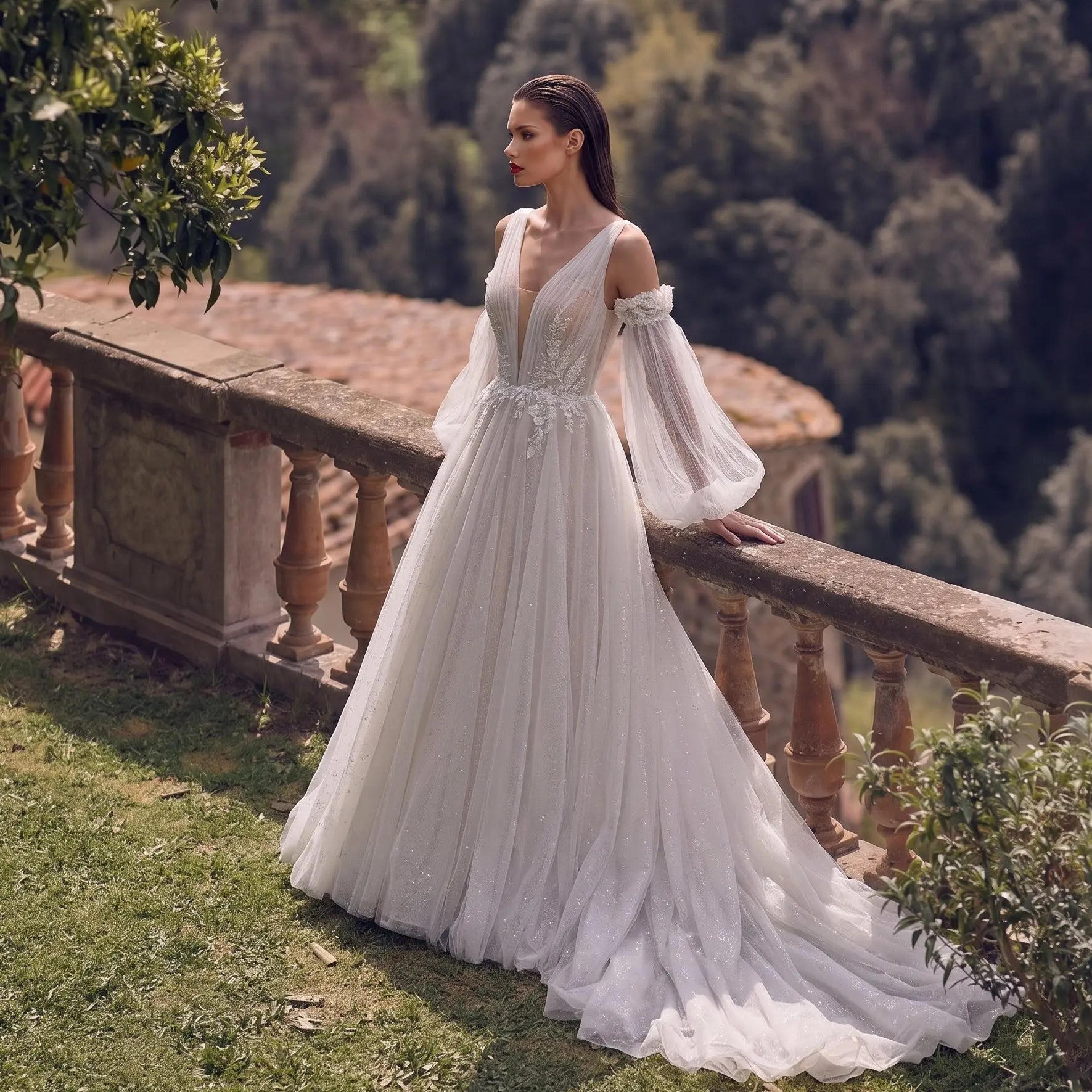 Elegant Ivory V-Neck Detachable Puff Sleeve Lace Tulle Wedding Dress with Train ZP062