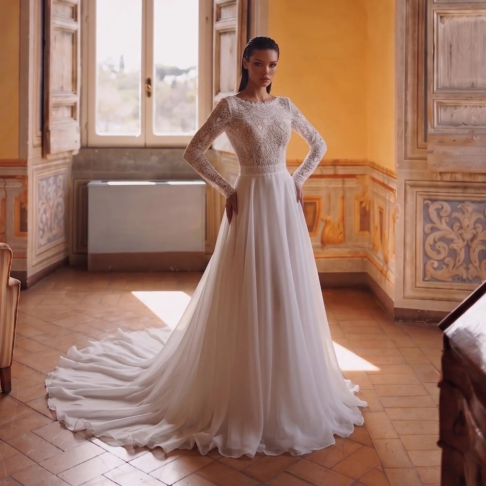 Glamorous White Long Sleeve Lace Wedding Dress with Removable Chiffon Overlay ZP058
