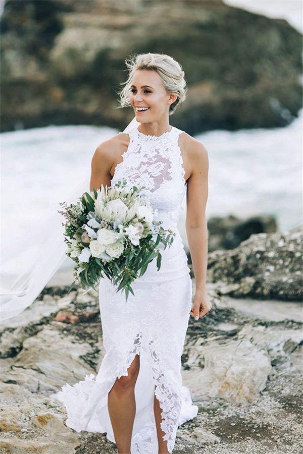 White Halter Lace Sweep Train Beach Wedding Dresses Appliques Wedding Gown MW161 by musebridals