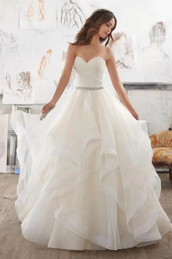 Illusion A Line Sweetheart Strapless Ruffles Beaded Belt Wedding Dresses MW167 by musebridals