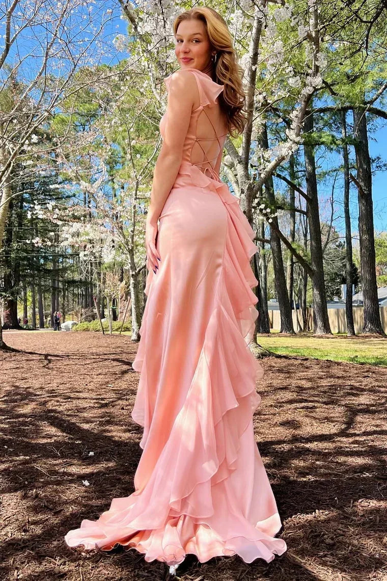 Emerald Green Square Neck Ruffle Slit Prom Dress - View 6 | VelvetHem