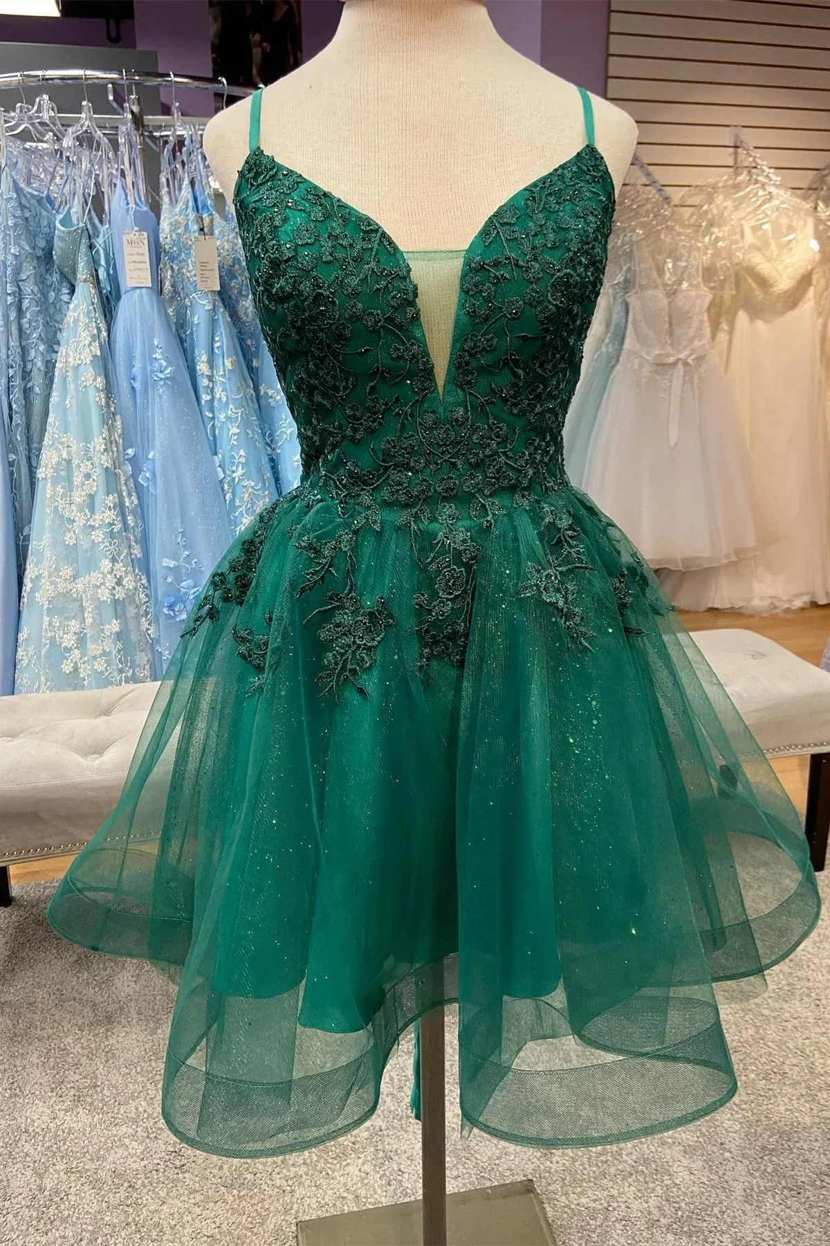 Hunter Green Plunging V Neck Straps Appliques Tulle Homecoming Dress Y2074 by simplepromdress