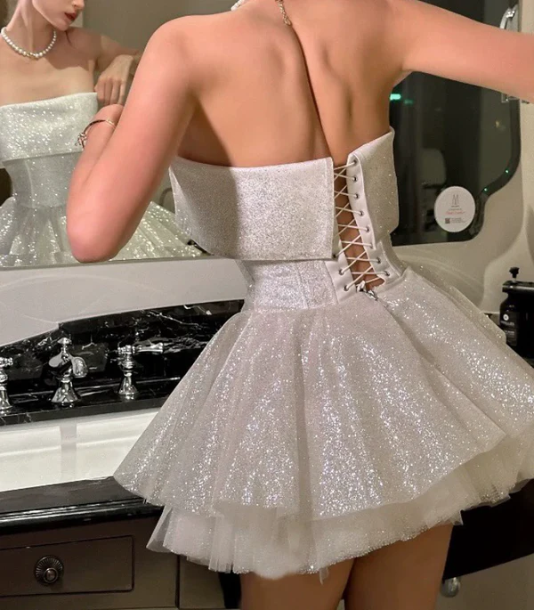 Glitter Strapless White Sequin Tulle Homecoming Dress A Line Short Cocktail Dress