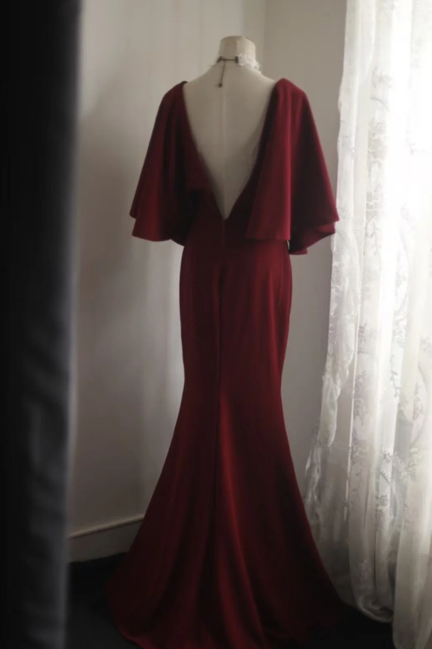 Vintage V-Neck Burgundy Satin Mermaid Evening Dress Backless Long Birthday Party Dress - View 2 | FashionDia