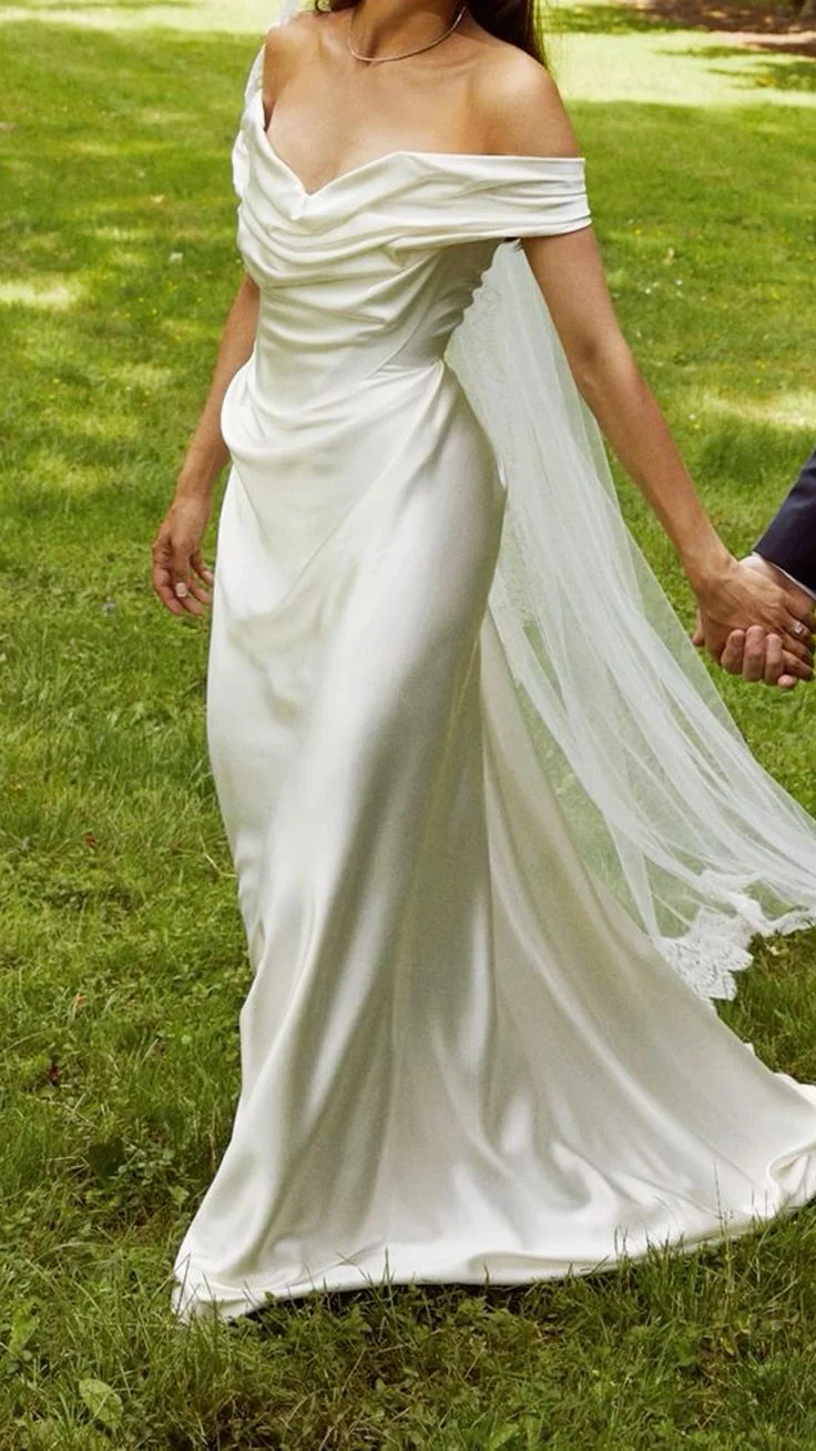 Elegant White Off The Shoulder Wedding Dress,Satin Pleated Mermaid Prom Evening Dress