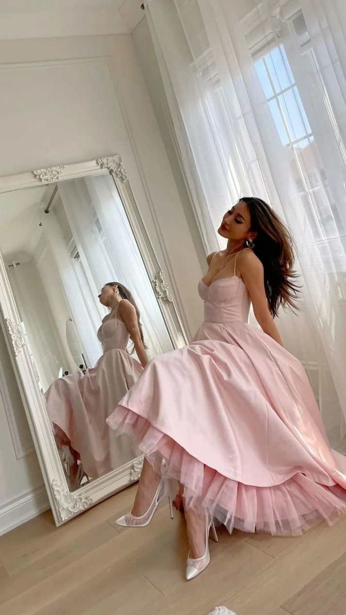 Simple Spaghetti Straps Pink A Line Satin Prom Dresses Party Dress