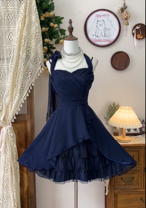Pretty Halter Chiffon Tulle ALine Short Birthday Outfits Navy Blue Homecoming Dress