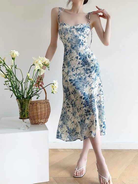 Blue Floral Print Strappy Beach Dress,Elegant Blue Prom Dress