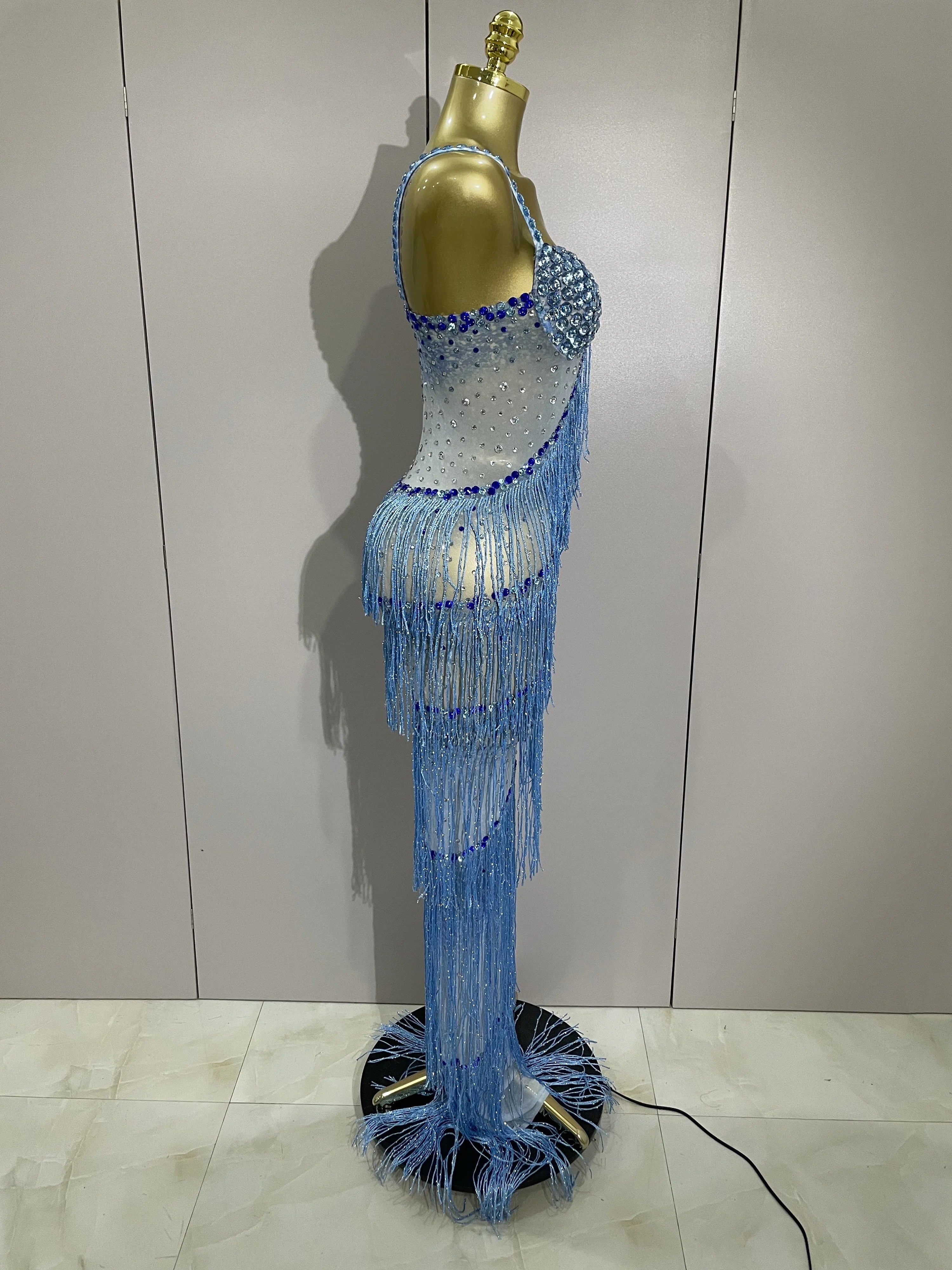 Sparkly Rhinestones Tassel sexy Mesh Slip Long Dress Women Celebrate Evening Prom Birthday paty Dress Photoshoot Stage Wear