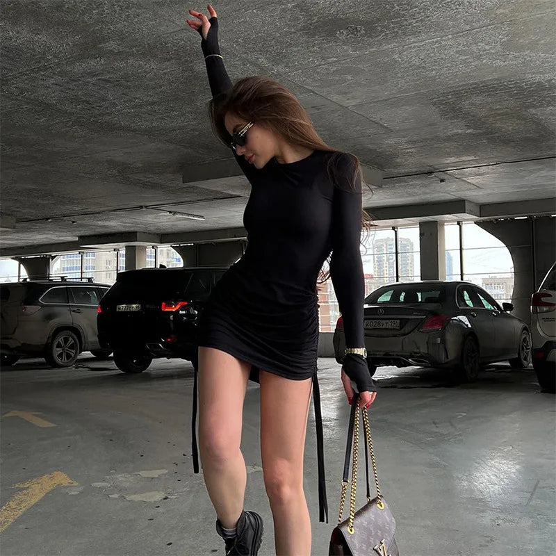 Drawstring Bandage Long Sleeve Mini Dress - View 8 | VelvetHem