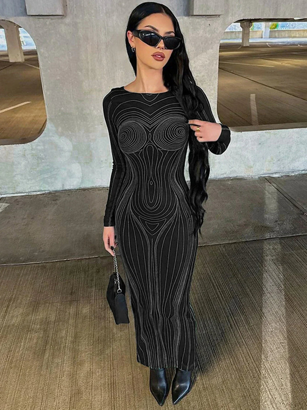 Striped See Through Bodycon Maxi Dress - View 5 | VelvetHem