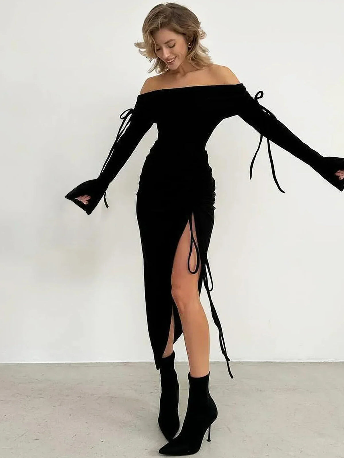 Off Shoulder Flare Sleeve Midi Dress - View 4 | VelvetHem
