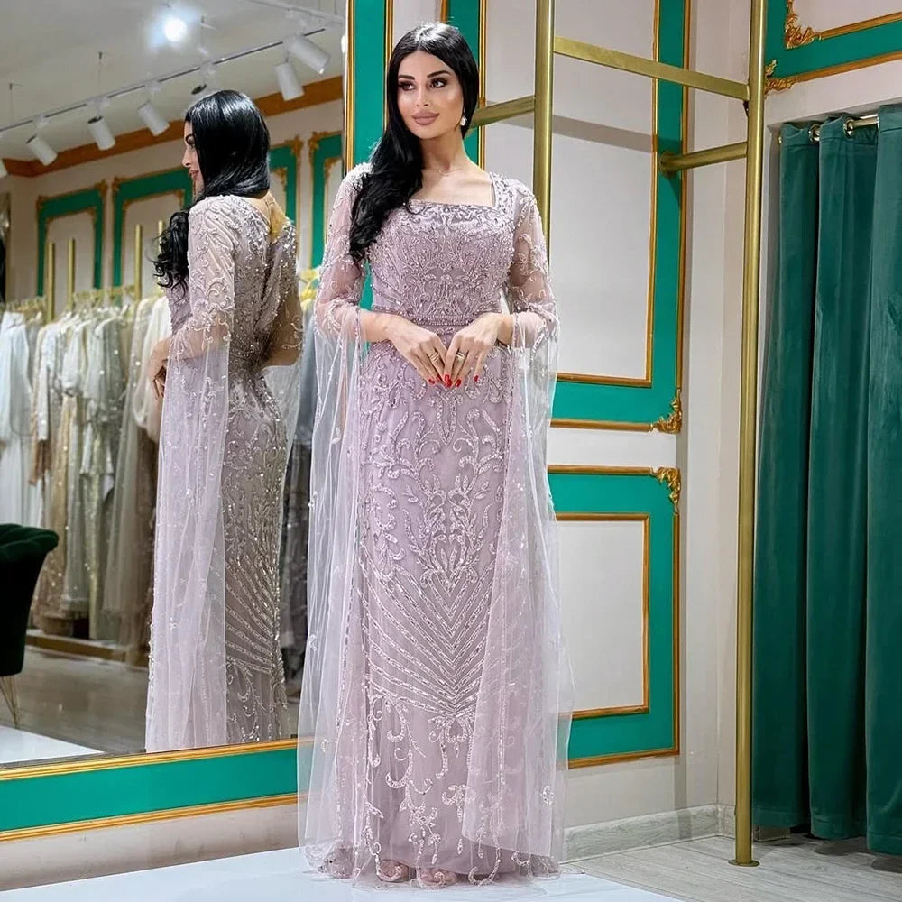 Zapdress 2026 Dubai Pink Mermaid Long Evening Dress with Beaded Cape Gown for Wedding Occasion DLA72400A Customized (ZD17244)