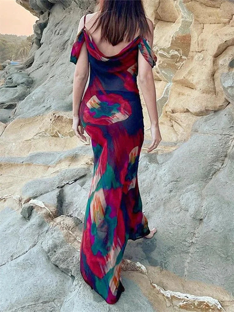 Print Mesh Pleated Off Shoulder Maxi Dress - View 5 | VelvetHem
