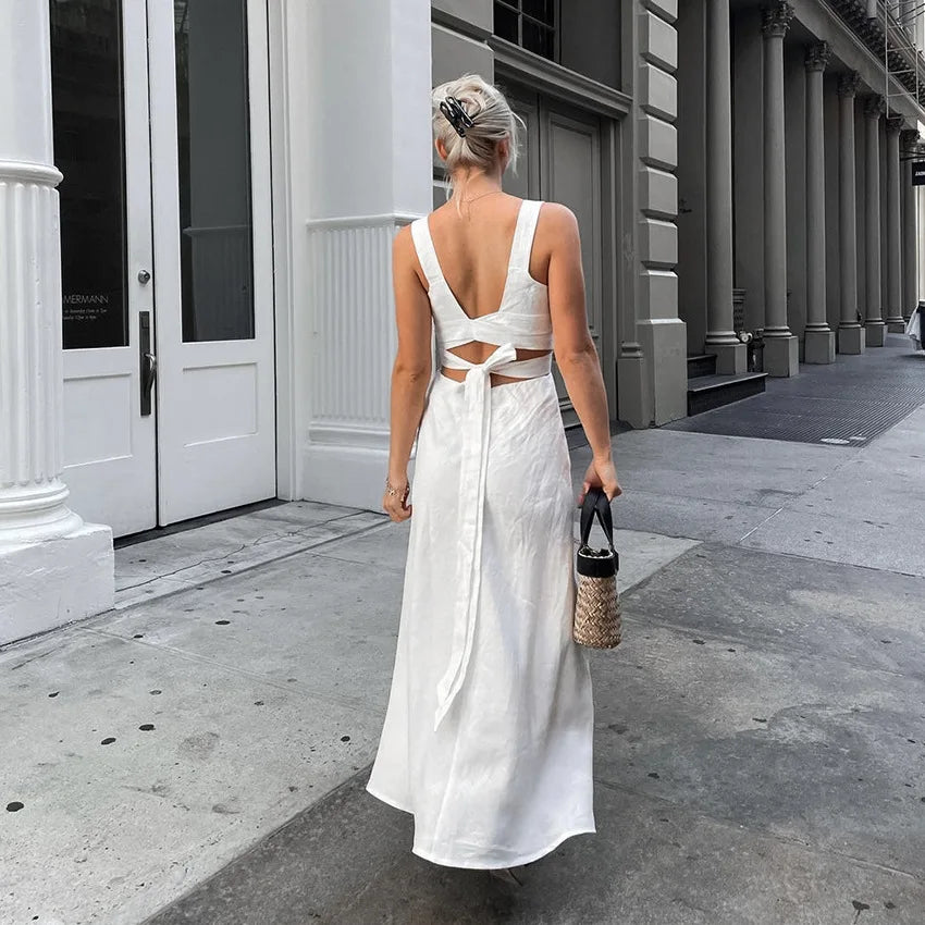 Summer White Elegant Midi Dress Women Chic Sleeveless Waist Hollow Out Long Dresses Streetwear Fashion Lace up Vestidos