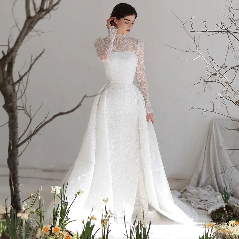 Elegant Mermaid Wedding Dresses High Neck Long Sleeves Lace Bridal Dress Formal Wedding Ball Prom Gowns Customized Custom Color