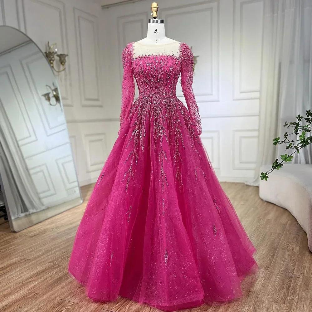 Zapdress Customized Pink Long Sleeves A Line Beaded Dubai Evening Dresses Party Gowns 2025 For Women Wedding (ZD17248)