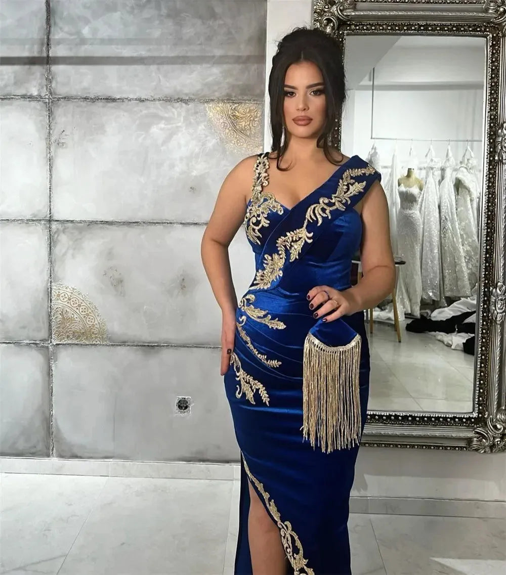 Elegant Mermaid Evening Dress V-Neck Sleeveless Lace Appliques Prom Gown Sheath Side Slit Floor Length Algerian Outfit