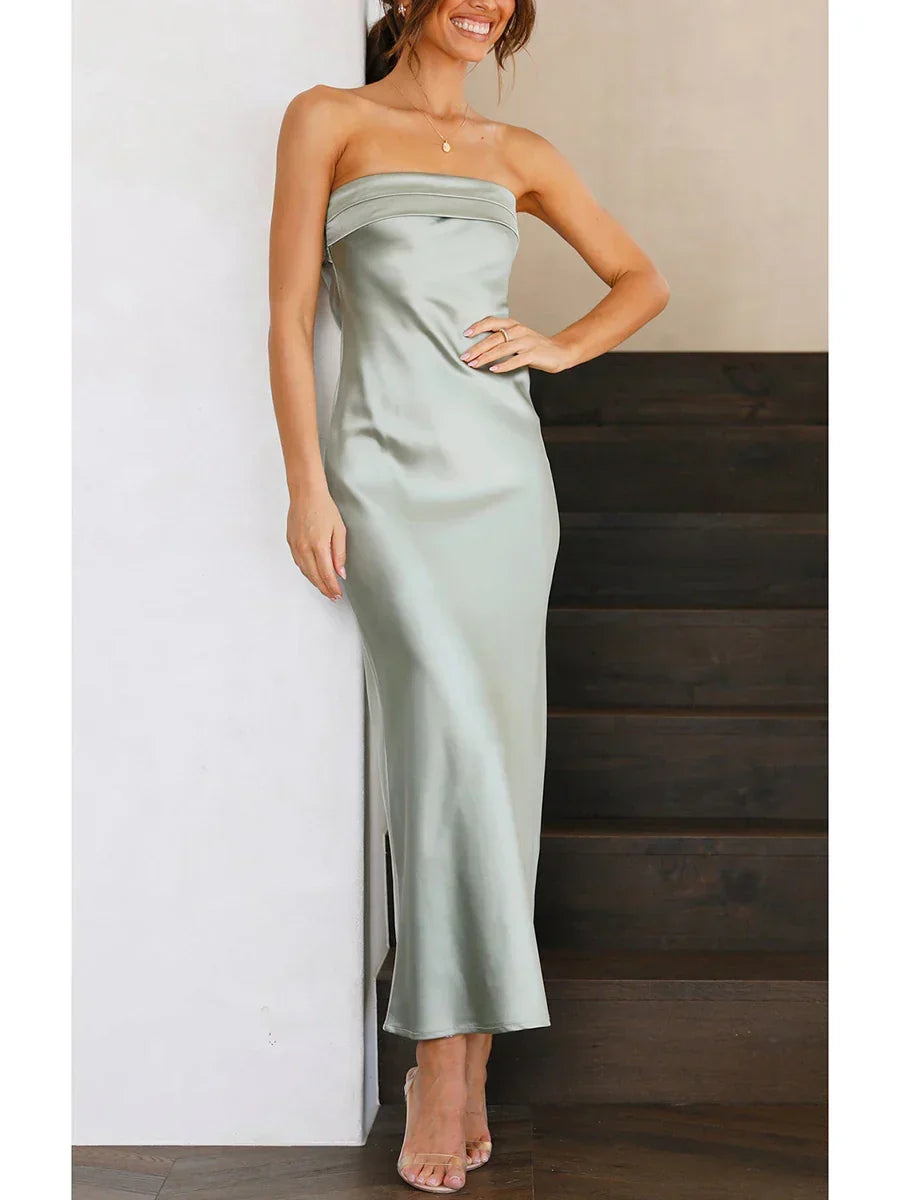 Off Shoulder Tube Elastic Silk Dress - View 8 | VelvetHem