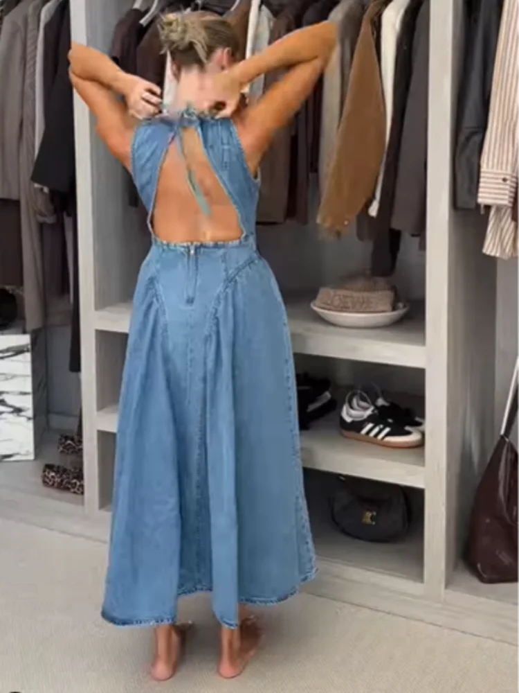 Denim Slim O-Neck Sleeveless High Waist Pleated Work Dress - View 4 | VelvetHem