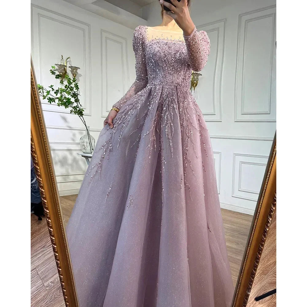 Zapdress Customized Pink Long Sleeves A Line Beaded Dubai Evening Dresses Party Gowns 2025 For Women Wedding (ZD17248)