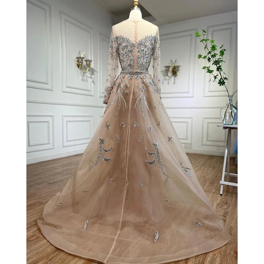 Zapdress Customized Nude Long Sleeves Mermaid Beaded Muslim Evening Dresses Overskirt Dubai Party Gowns For Women (ZD17233)