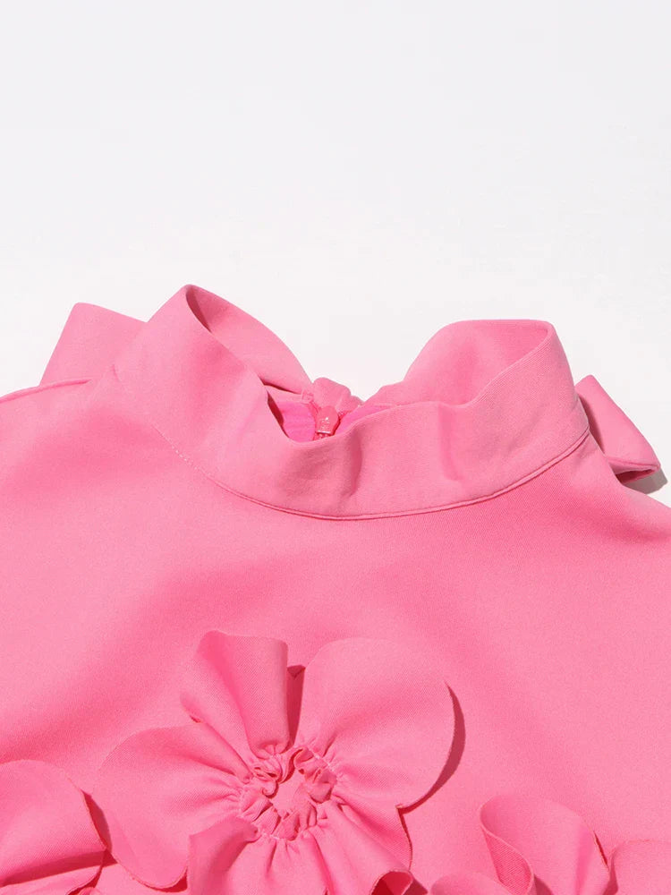 3D Flower Appliqué Mock Neck Midi Dress