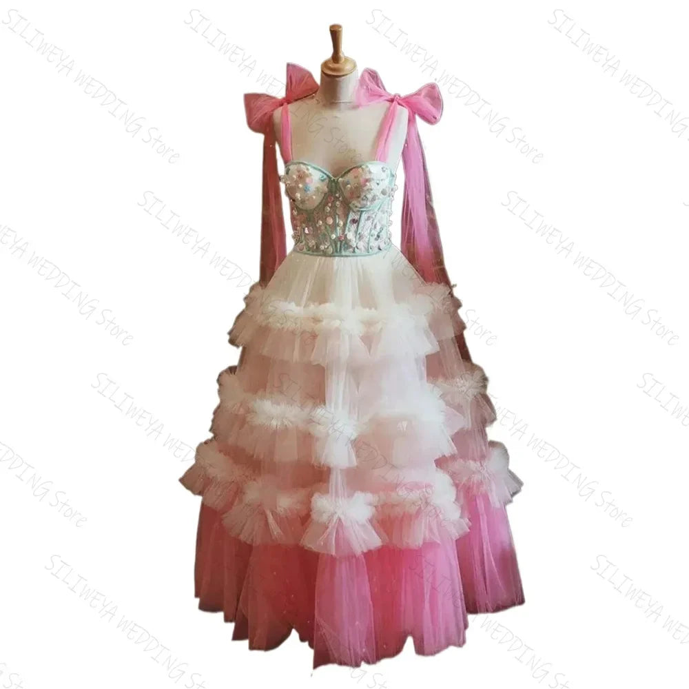 Pretty Multi-colors Long Evening Dress Tiered Tulle Colorful Straps Formal Occasion Dresses Party Prom Gown