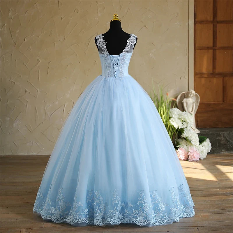 Spring New Sky Blue Quinceanera Dresses Sleeveless V-neck For Party Sweet Ball Gown Lace Appliques Prom Dress Customize Vestido (ZD17290)
