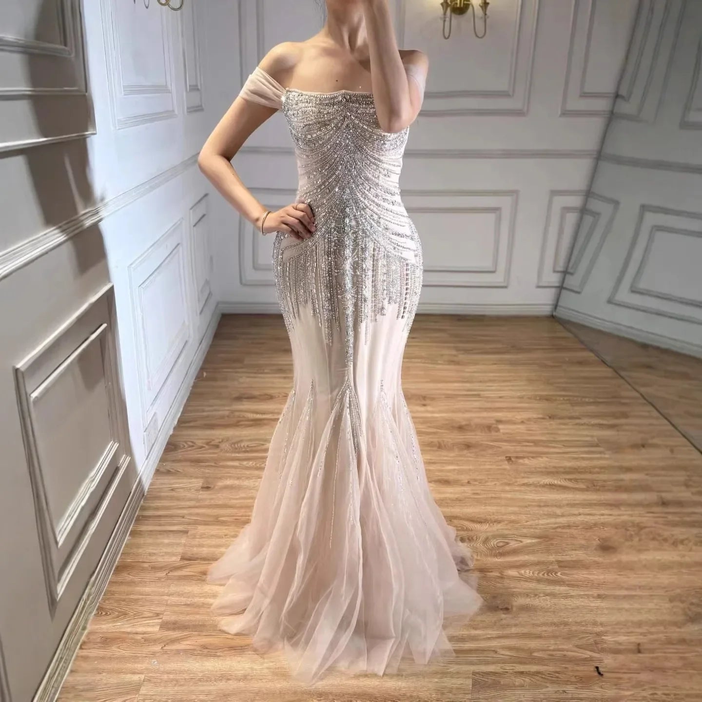 Zapdress 2026 Nude Off Shoulder Mermaid Beaded Evening Gowns Wedding Party Dresses for Women DLA73214 Customized (ZD17251)