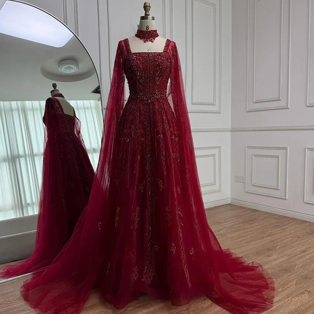 Zapdress Customized 2025 Wine Red A Line Cape Sleeves Luxury Beaded Evening Dresses Formal Party Gowns for Women (ZD17218)