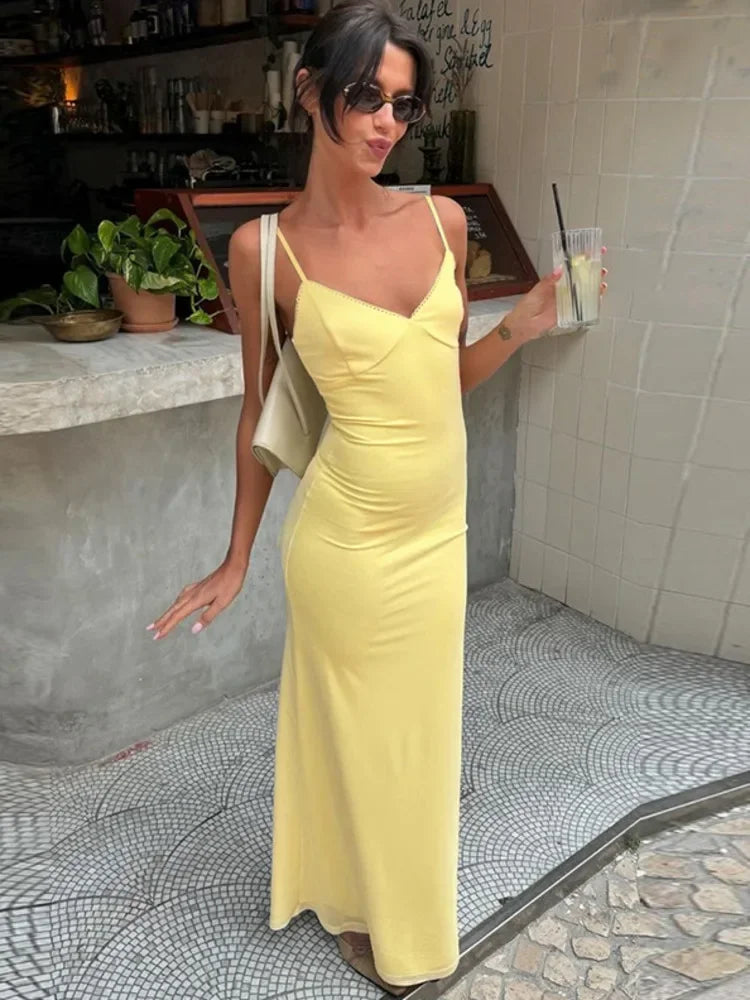 Yellow Spaghetti Strap Backless Bodycon Slip Dress - View 4 | VelvetHem