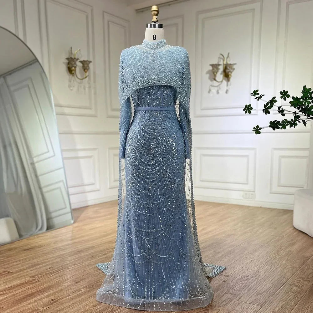 Zapdress Customized Muslim Hijab Sage Green Long Sleeves Evening Dresses with Cape Dubai 2024 Party Gowns For Women LA72032M (ZD17199)
