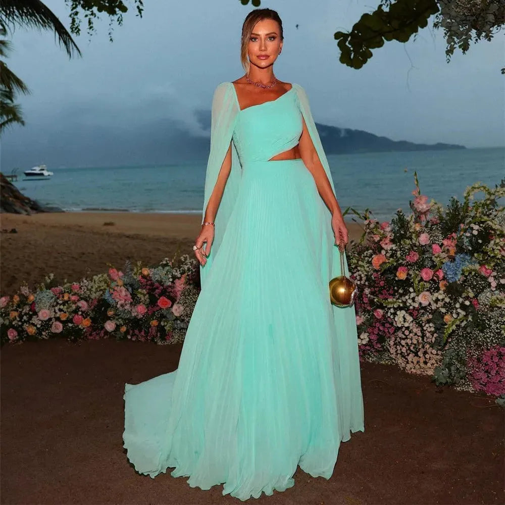 Elegant Mint Green Chiffon Prom Dress A-Line Long Cape Sleeves Floor Length Formal Evening Dress Women Party Gowns Green